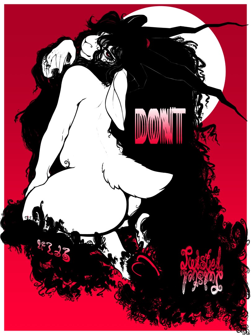 an anthropomorphic goat with large, pointed horns kneeling in a nest of coiled, curly black hair with the text "DON'T GET IT TWISTED" interspersed within their hair. They are lifting a wrist daintily up to their chin, draping their hair atop it as they look back over their shoulder towards the viewer.