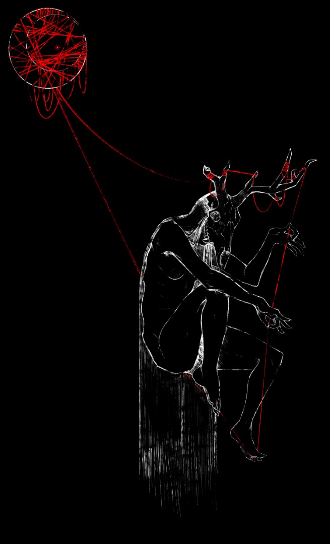 lineart print illustration of a humanoid figure wearing a deer skull over their face. they are perched sitting atop a single red string, which is held between their fingers delicately, before tangling in the antlers. the strings drape down from a crescent moon above and behind them.