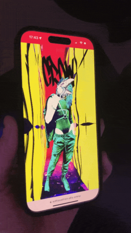 video gif of a phone being rotated to the left and right in a hand. there is a diorama projected on the screen that shifts the perspective of the crow inside, giving the illusion of peering in to a physical portal to a digital dimension.