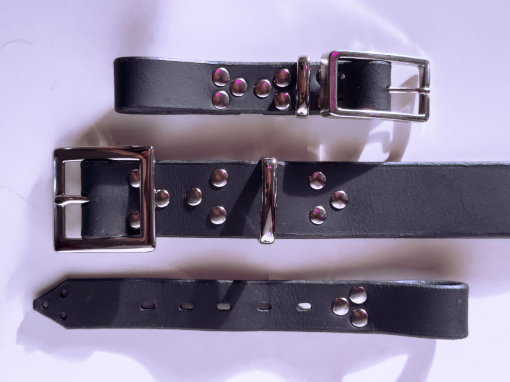 Photograph highlighting the buckle hardware and overall finish on the harness set from the previous picture.