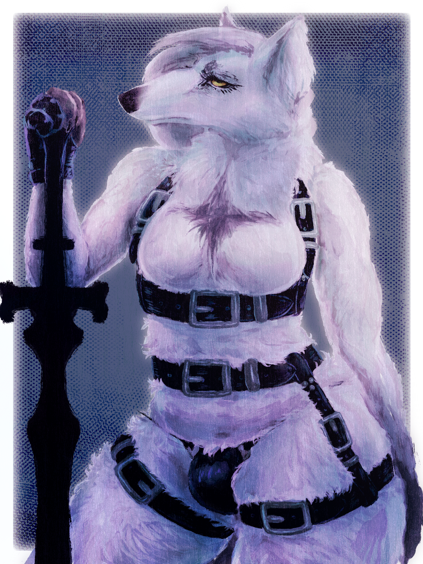 painterly portrait of a white anthropomorphic borzoi standing with string contraposta in a black leather body harness set, resting a gloved paw regally upon the pommel of a silhouetted black zweihander.