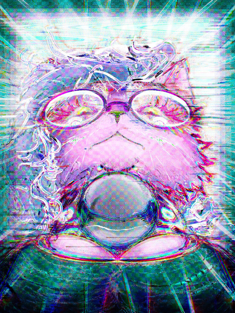 glitch-painting bust portrait of a pastel pink catboy with a coif of titanium-lavender hair, wearing a big bell collar and circular glasses, viewed from an acute upward angle at the bustline. pov: your favourite cup, seconds before disaster.