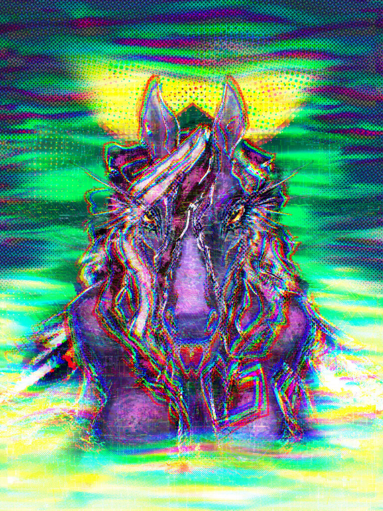 bust-portrait glitchpainting of an anthropomorphic kelpie emerging from the digital waves.