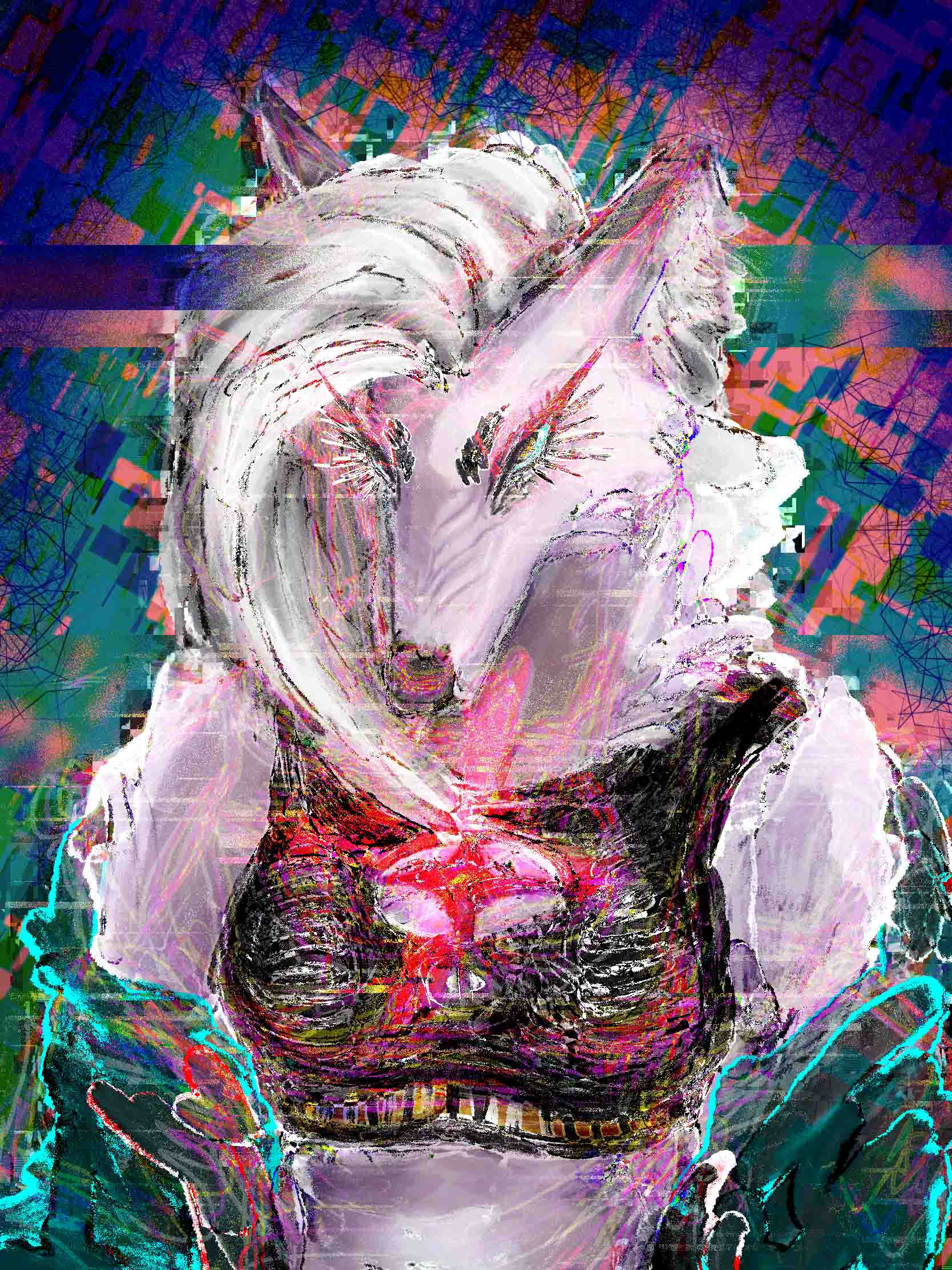 bust-portrait glitchpainting of an anthropomorphic white borzoi wearing a cut-out sports black bra and a puffy teal hoodie slouched off the shoulder, glaring to the left of the viewer.