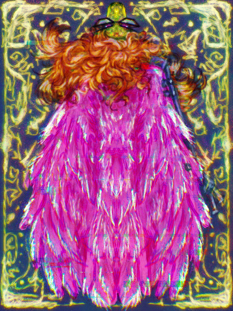 glitch painting of a pink crockatiel chimera swimming through the light, her back to the viewer.