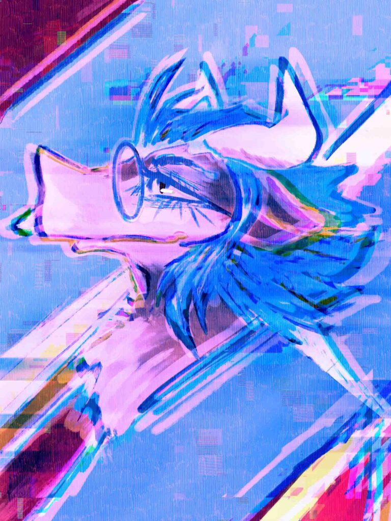 profile-view bust portrait illustration of a anthropomorphic bovidswine, with shoulder-length black-blue hair, a septum ring, circle-frame glasses, and horns.