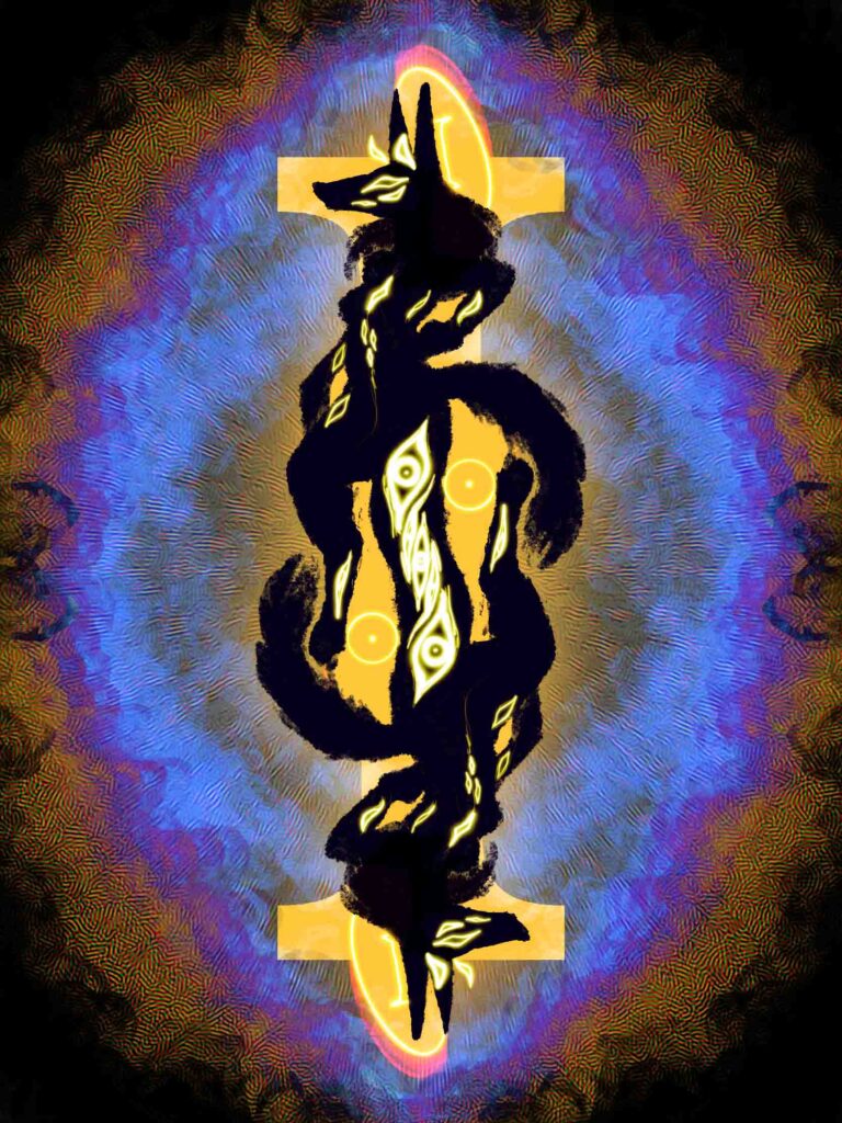 rotationally-symmetrical graphic illustration of a shadowy anthropomorphic canine silhouette covered in bright yellow eyes, backlit by a serif'd I.